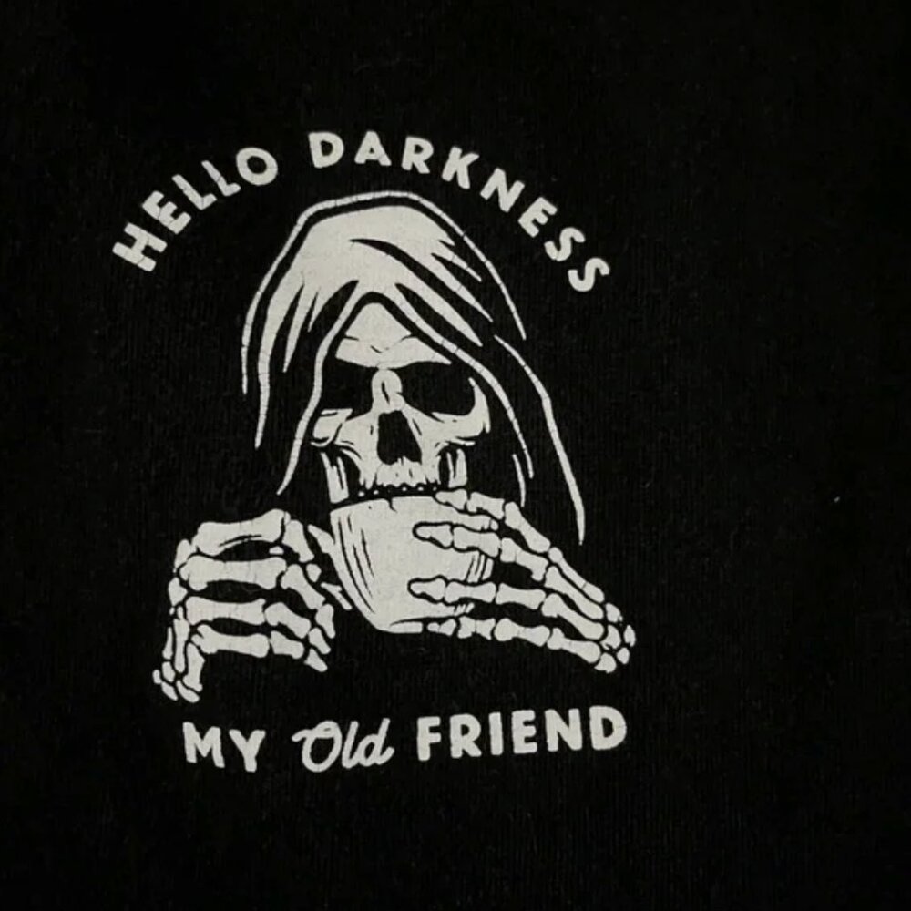 “Hello Darkness My Old Friend” Graphic Tee Black with White Print Mens  L
